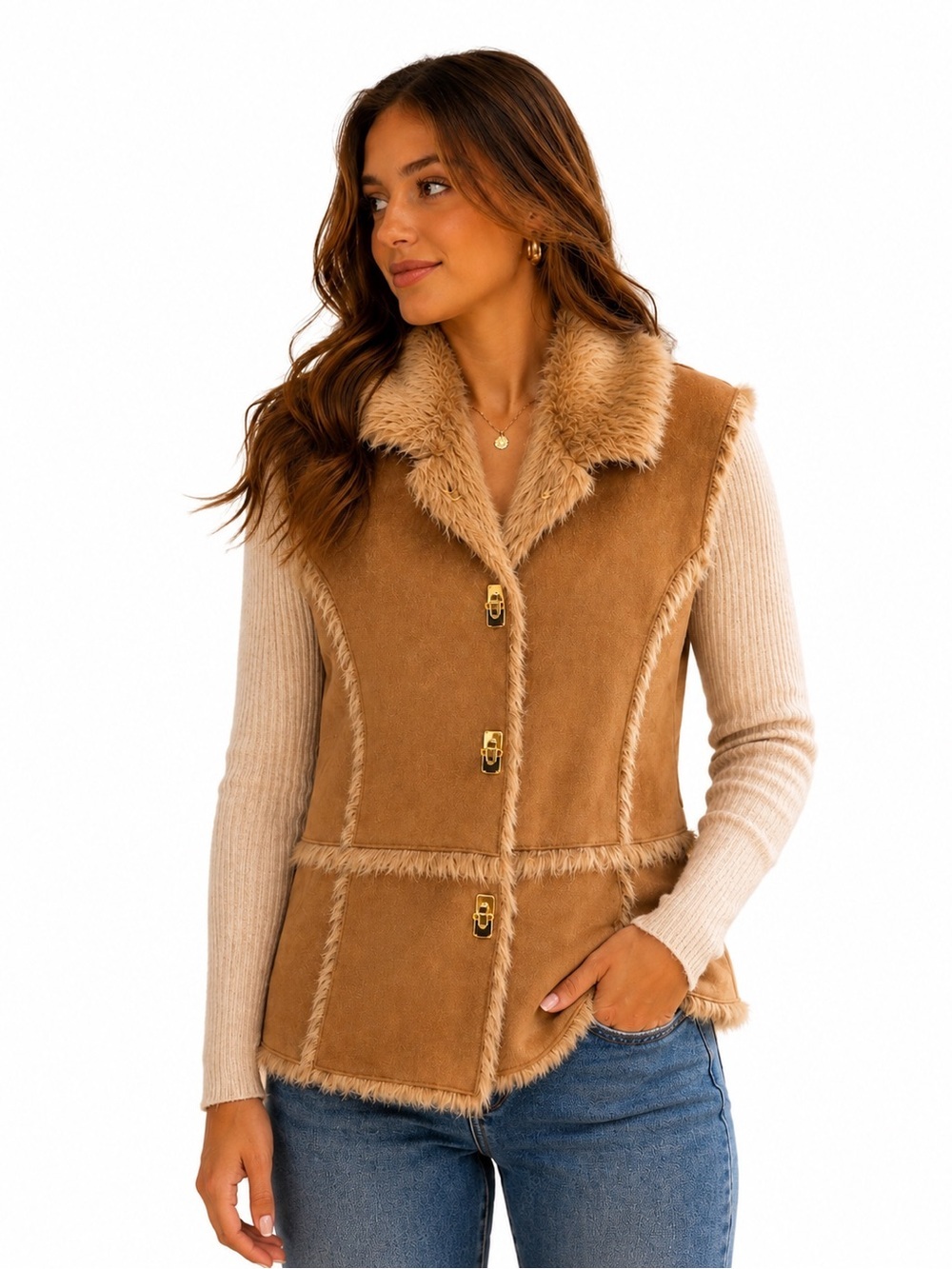Lisa International Tan Faux Shearling-Trim Vest with Gold Hardware